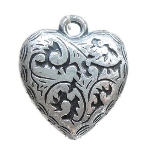 Plastic Heart Pendant with Metal Coating, Old Silver Imitation, 26x24x8 mm, Hole: 2.5 mm -50 grams