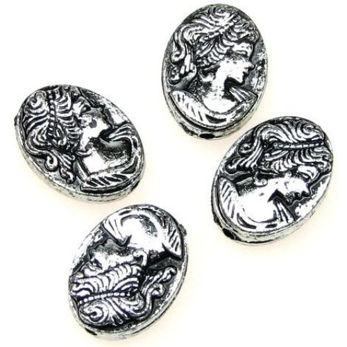 Metallized Oval Bead / Portrait of a Woman,13x18x6 mm, Hole: 1.5 mm, Old Silver -50 grams