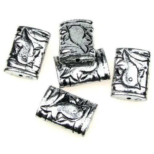 Metallized Rectangular Bead with Bird, 16x24x7 mm, Hole: 1 mm, Old Silver -50 grams