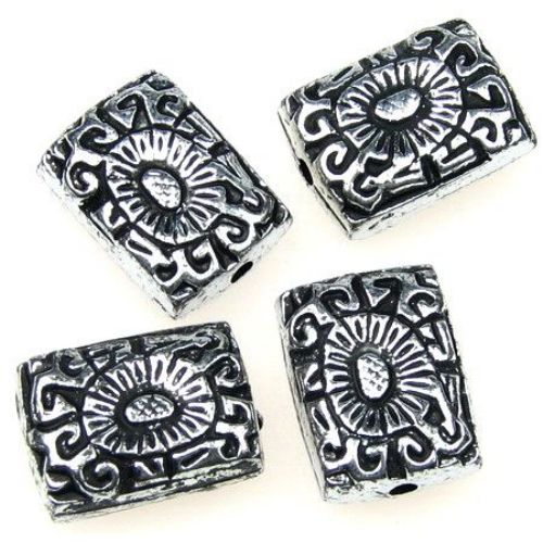 Metallized Plastic Rectangular Bead / Floral Ornament, 14x18x7 mm, Hole: 1 mm, Old Silver -50 grams ± 33 pieces
