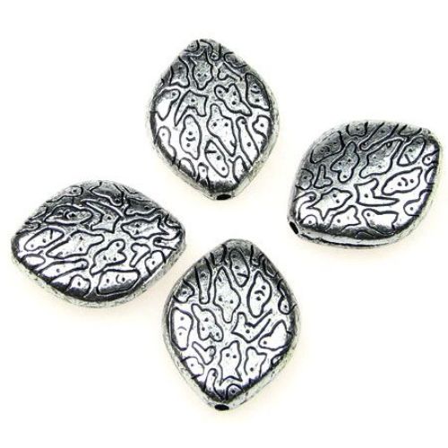 Metallized Plastic Leaf-shaped Bead, 15x20x5 mm, Hole: 1 mm, Old Silver -50 grams