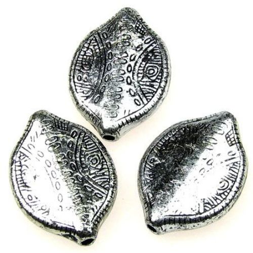 Metallized Plastic Engraved Oval Bead, 22x31 mm, Hole: 2 mm, Old Silver -50 grams