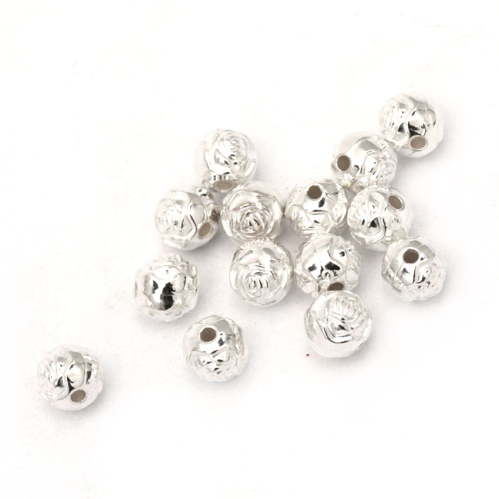 CCB Round Rose Bead for DYI Jewelry Making, 8 mm, Hole: 1.5 mm, Silver -20 grams ~ 80 pieces