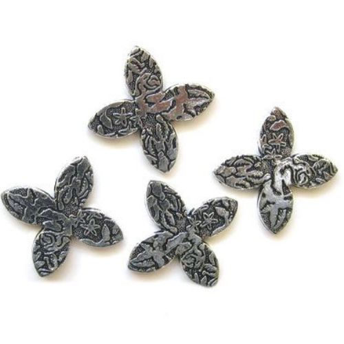 Plastic Engraved Flower Bead with Metal Finish, Silver Imitation, 4 mm -50 grams