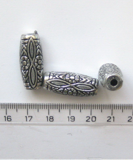 Silver-engraved oval cylinder bead, 11x25x2 mm, hole - 50 grams