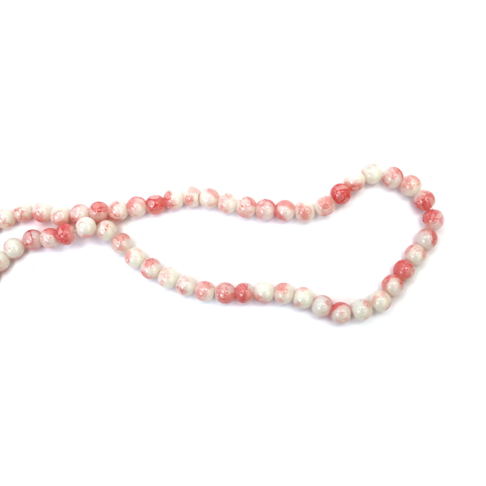 Mărgele elegante din sticlă imitație marmură 8 mm – alb lăptos & roșu, gaură 1 mm, șirag ~105 buc. – perfecte pentru bijuterii artistice și creații handmade stilate