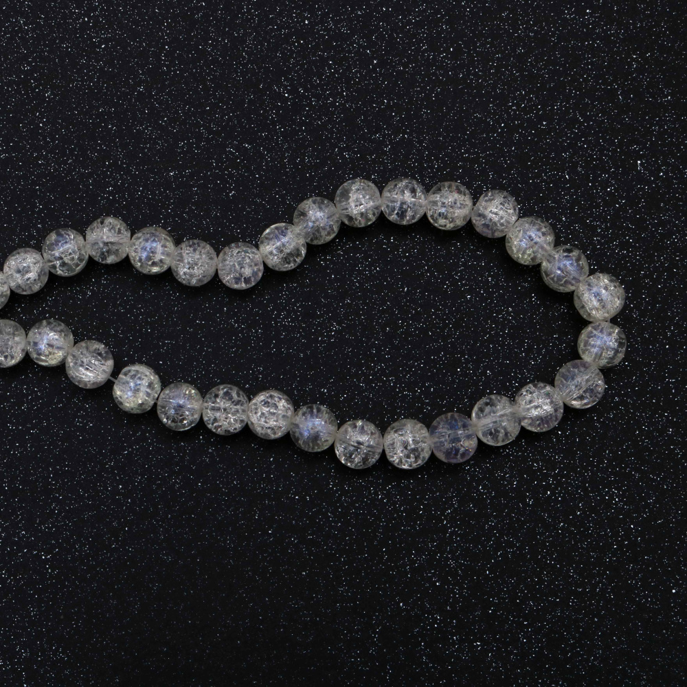 Mărgele din sticlă crăpată (crackle) – 10 mm rotunde (aprox. 80 buc.) – alb transparent cu finisaj AB iridescent și strălucire mov subtilă – perfecte pentru bijuterii handmade și proiecte decorative