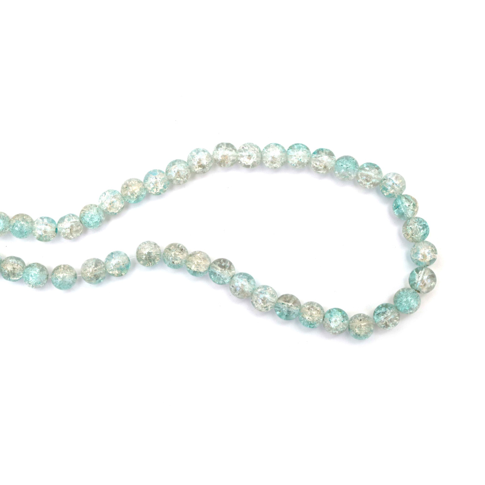 Mărgele crackle din sticlă – 10 mm, gaură 1 mm, transparente cu efect AB, alb și albastru cu tentă mov (mix), șirag ~80 buc – ideale pentru bijuterii, beading și proiecte DIY/craft