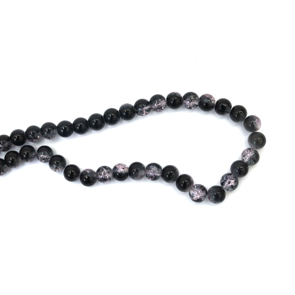 Șirag de margele crackle din sticlă – 10 mm, transparente – roz pal cu detalii negre pronunțate, ~85 bucăți