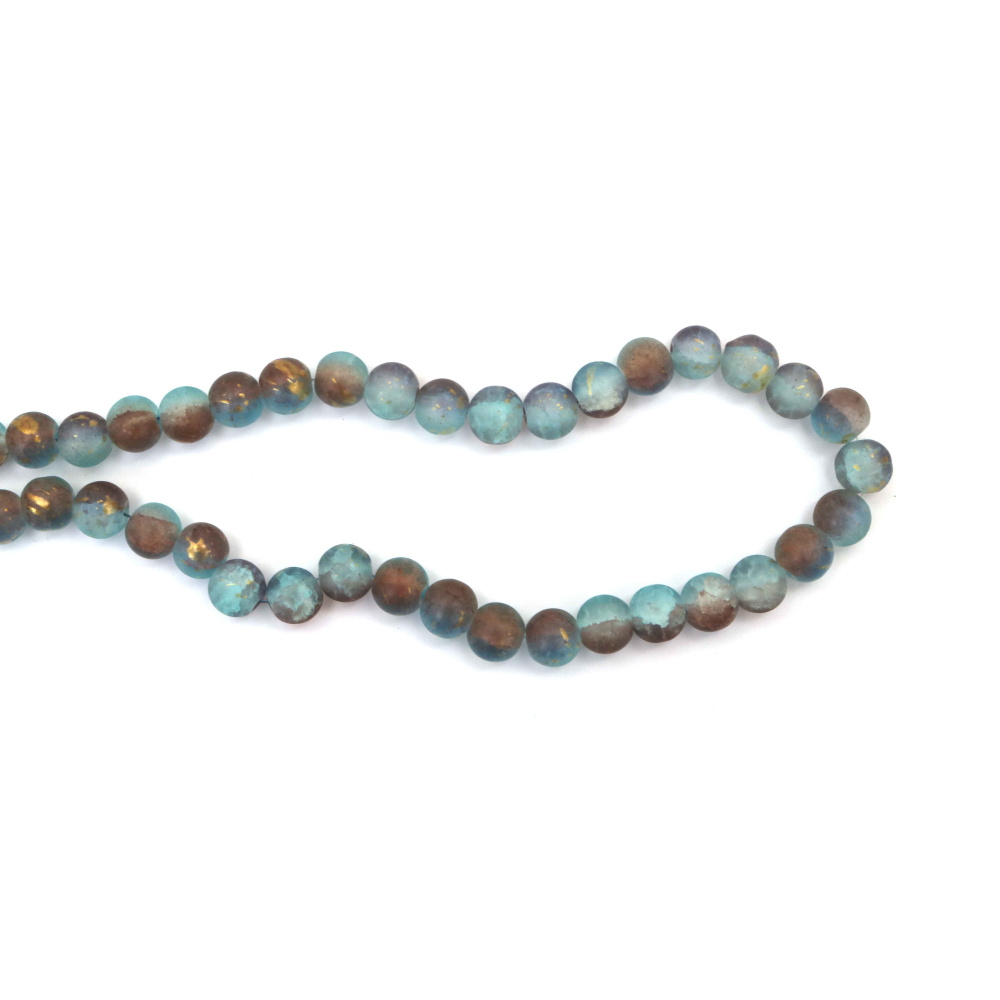 Margele din sticlă crackle mate – rotunde 10 mm (aprox. 85 buc.) – transparente, în mix albastru & maro, cu accent auriu – perfecte pentru bijuterii și proiecte creative