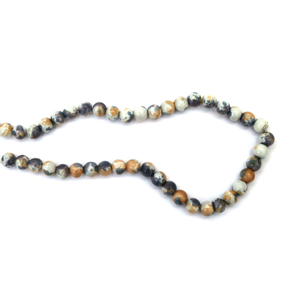 Наниз мъниста стъкло топче 8 мм дупка 1 мм напръскано цвят млечно бял лилав и кафяв ±105 броя