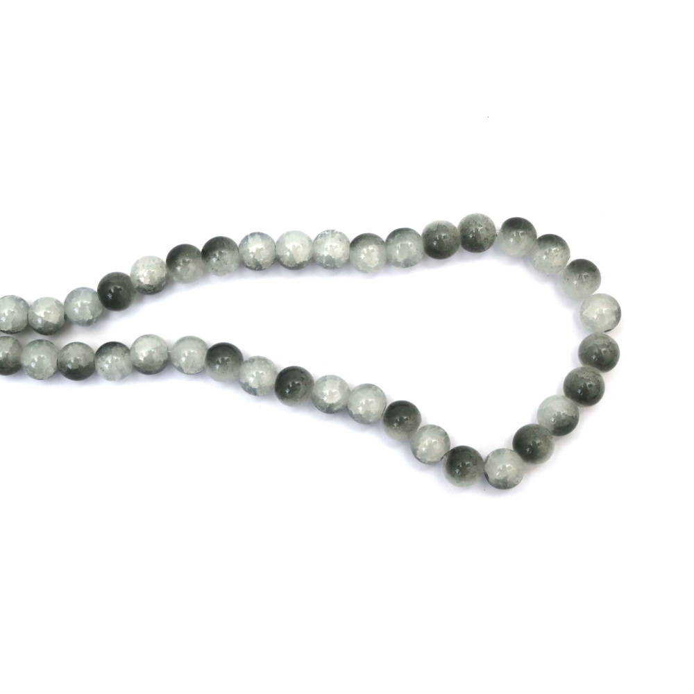 Mărgele din sticlă crackle, 10 mm, gaură 1 mm, alb și gri, șirag ~85 buc. – ideale pentru bijuterii, beading & proiecte craft DIY