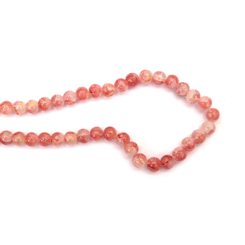 Mărgele din sticlă crackle pictate 10 mm – alb și roz închis cu accent auriu, orificiu 1 mm, șirag ~85 buc. – perfecte pentru bijuterii elegante și designuri handmade artistice