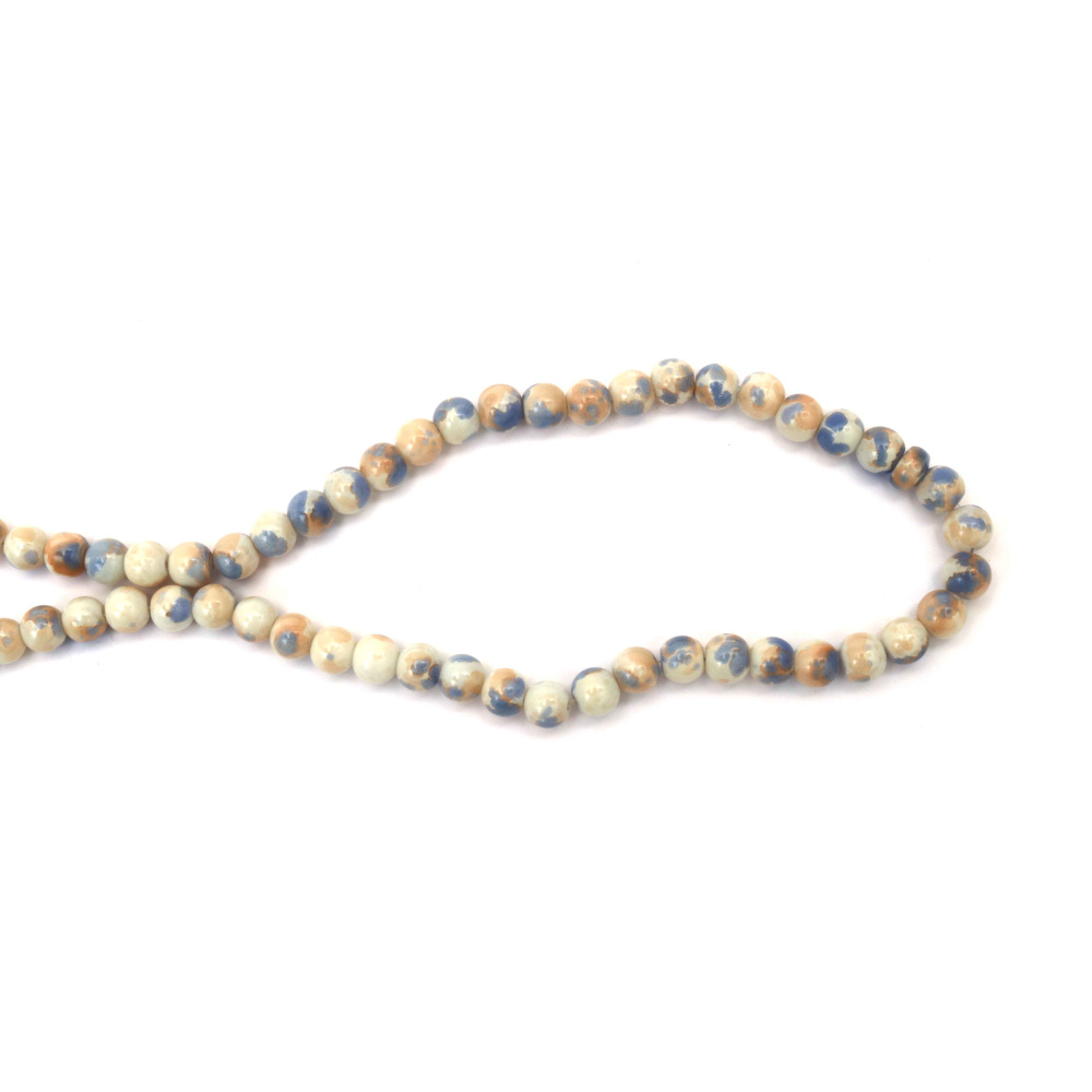 Mărgele din sticlă pulverizate artistic 8 mm – alb lăptos, albastru și portocaliu, asortate (mix), gaură 1 mm, șirag ~105 buc – perfecte pentru realizarea de bijuterii moderne și creații handmade colorate