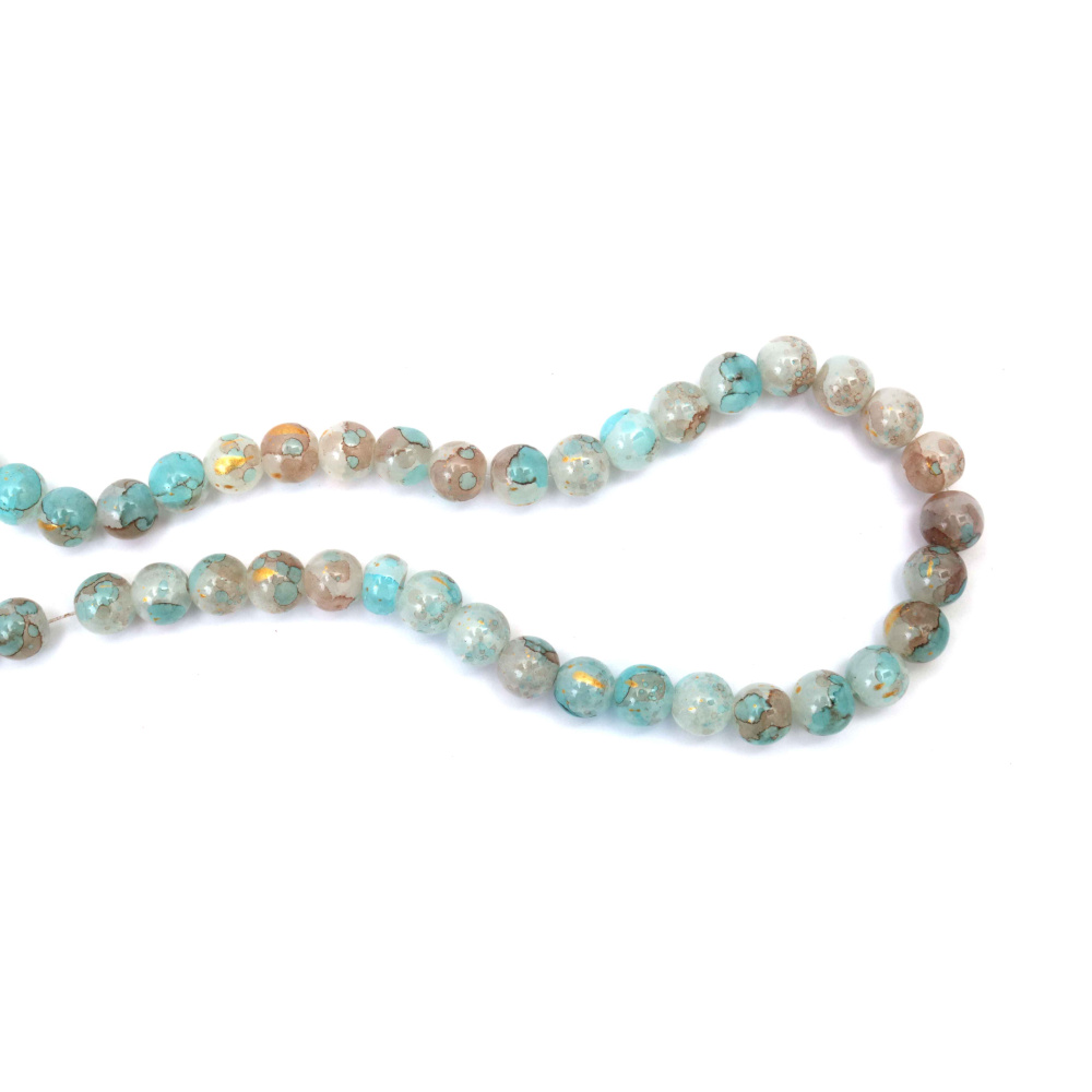 Mărgele din sticlă crăpată 10 mm – albastru și maro asortate cu accente aurii (culoare), orificiu 1 mm, șirag ~85 buc – perfecte pentru crearea de bijuterii artistice și designuri handmade sofisticate