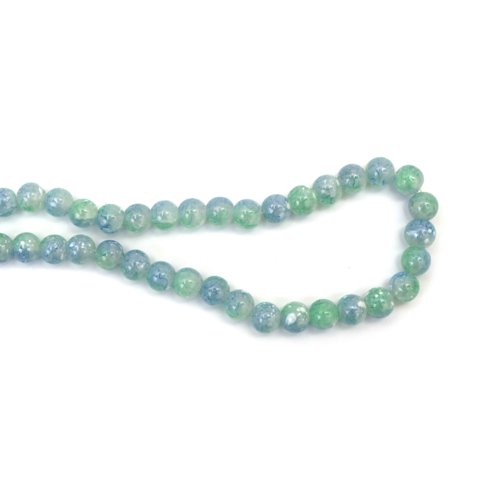 Mărgele din sticlă crackle pictate 10 mm, albastru & verde cu stropi albi, gaură 1 mm, ~85 buc – pentru bijuterii și hobby craft