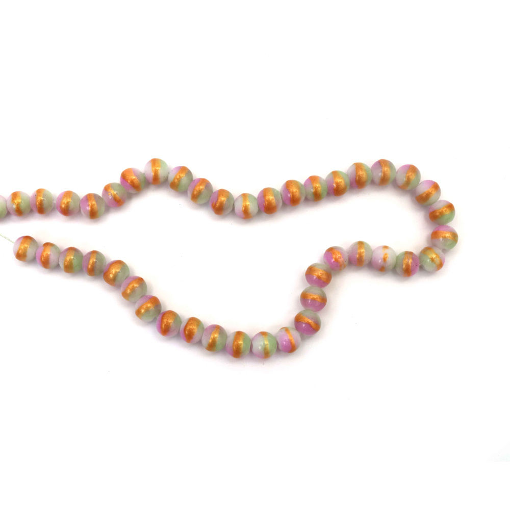 Наниз мъниста стъкло топче 8 мм дупка 1 мм плътно цвят розов и зелен със златен кант ±105 броя