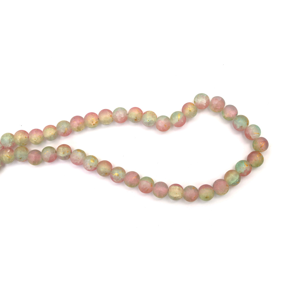 Mărgele din sticlă crackle – 10 mm, gaură 1 mm, transparent mat crem, roz și turcoaz cu accente aurii, șirag ~85 buc. – ideale pentru confecționare bijuterii, beading și proiecte DIY/craft