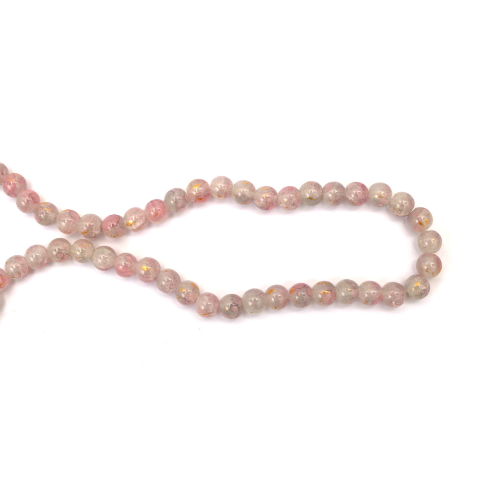 Mărgele din sticlă crăpată (crackle), 10 mm, gaură 1 mm, vopsite gri pal și roz cu accente culoare aurie, șirag ~85 buc – ideale pentru bijuterii handmade, beading și proiecte craft