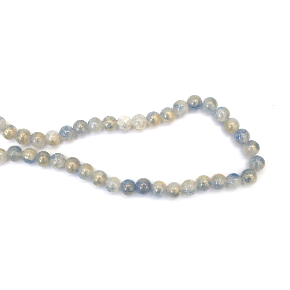 Mărgele din sticlă crăpată pictate 10 mm – alb & albastru, cu acoperire de culoare aurie, gaură 1 mm, șirag ~85 bucăți – perfecte pentru crearea de bijuterii luxoase și designuri handmade artistice