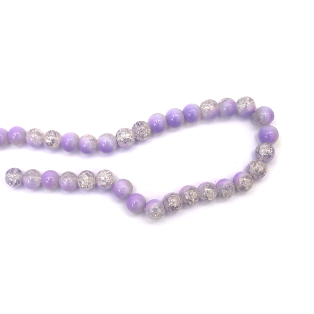 Mărgele din sticlă crackle – 10 mm, gaură 1 mm, alb transparent cu vopsea mov, șirag aprox. 85 bucăți – ideale pentru bijuterii handmade, mărgelit și proiecte DIY craft