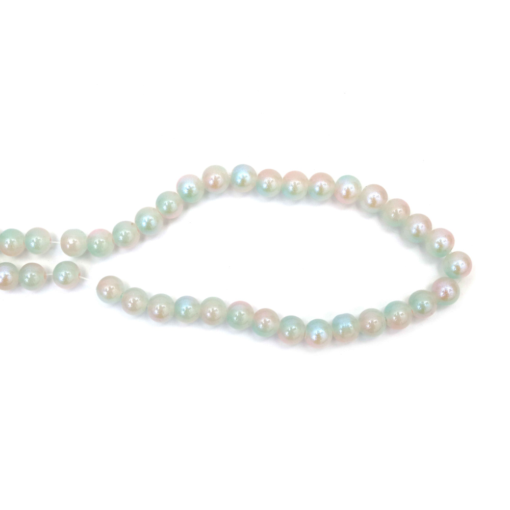 Mărgele din sticlă irizate 10 mm – asortate roz pal și albastru pal, cu tentă albastră, efect AB (Aurora Boreală), gaură 1 mm, șirag ~85 bucăți – perfecte pentru bijuterii elegante și proiecte handmade de vis