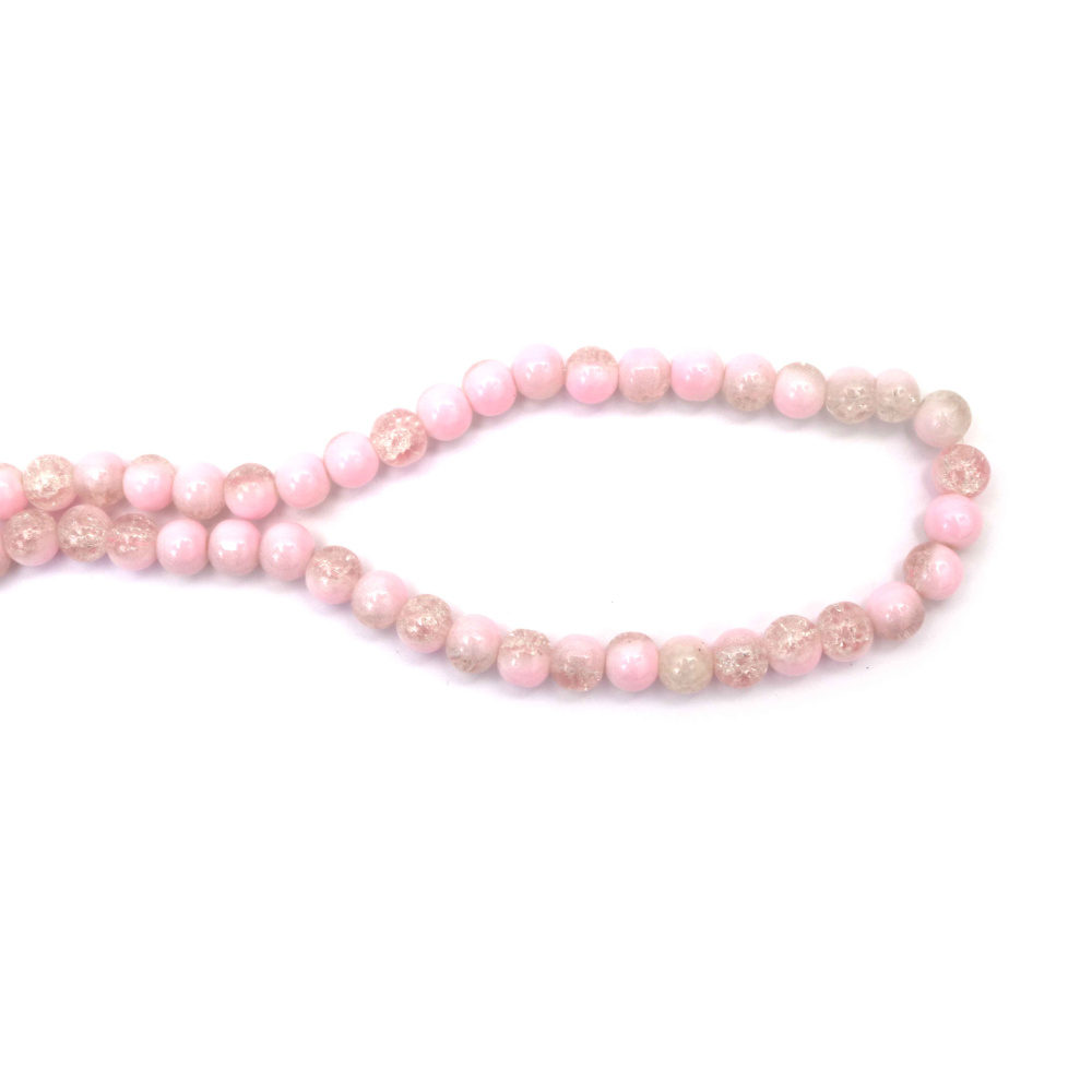 Delicate Crackle Glass Beads 10 mm – Transparent White with Light Pink Paint, Hole 1 mm, Strand ~85 pcs – Perfect for Creating Romantic Jewelry