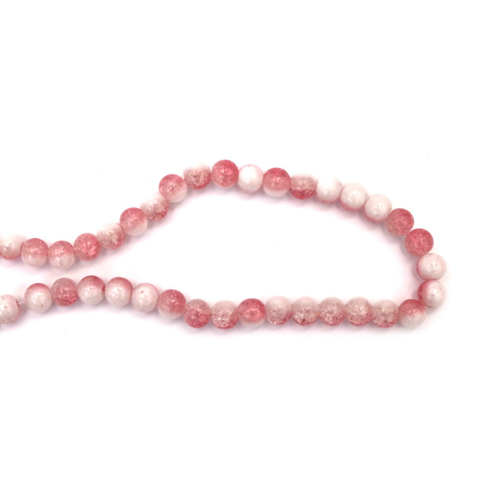 Mărgele crackle din sticlă 10 mm – alb transparent și roz închis, cu vopsea albă, gaură 1 mm, șirag ~85 buc – perfecte pentru bijuterii romantice handmade