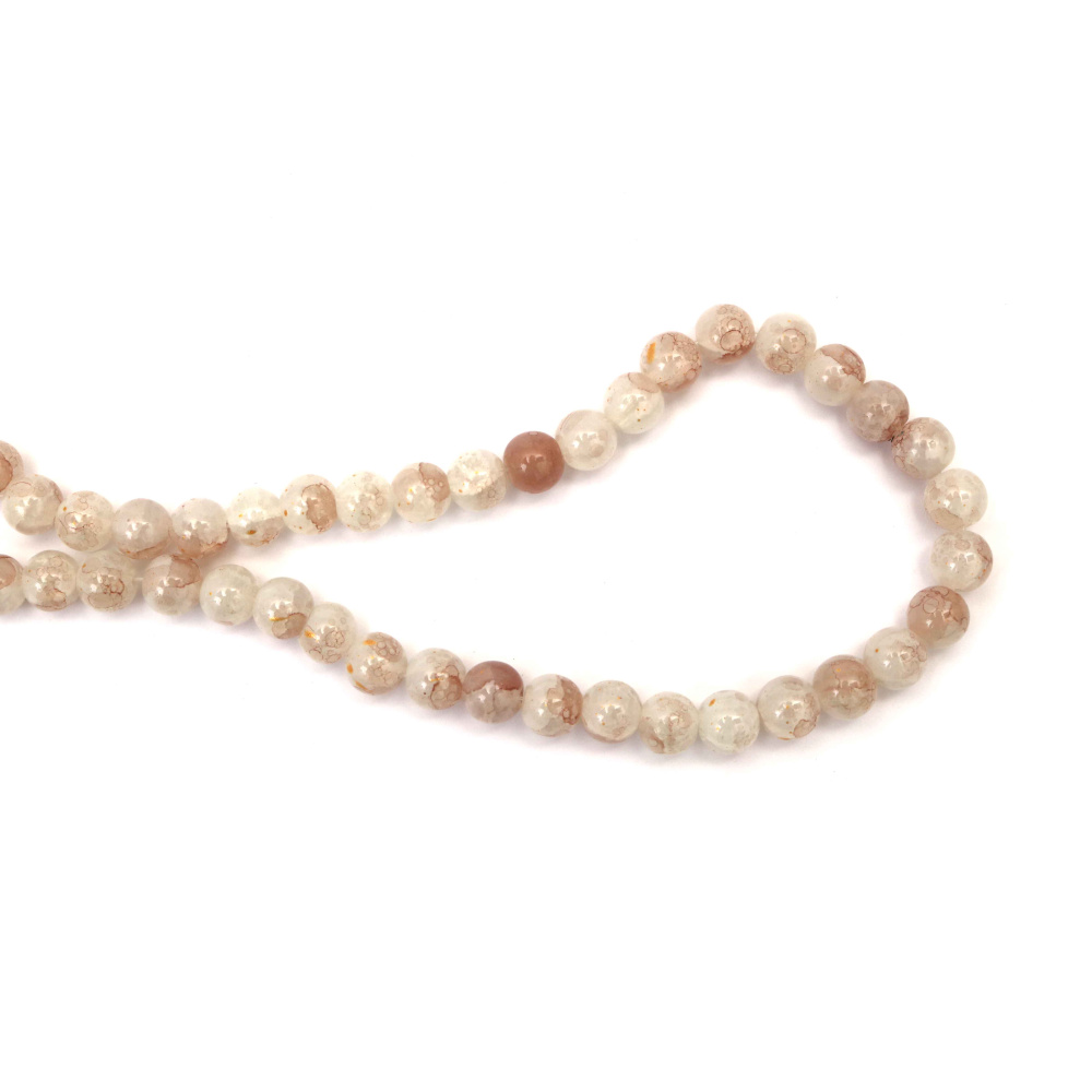 Crackle Glass Beads 10 mm – White & Brown with Golden Accent, Hole 1 mm, Strand ~85 pcs – Perfect for Creating Luxurious Jewelry