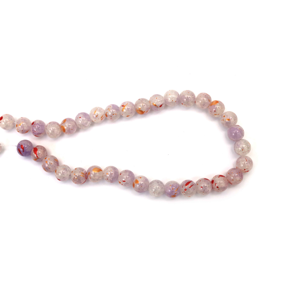 Artistic Sprayed Crackle Glass Beads 10 mm – White & Purple with Red Paint and Golden Accent, Hole 1 mm, Strand ~85 pcs