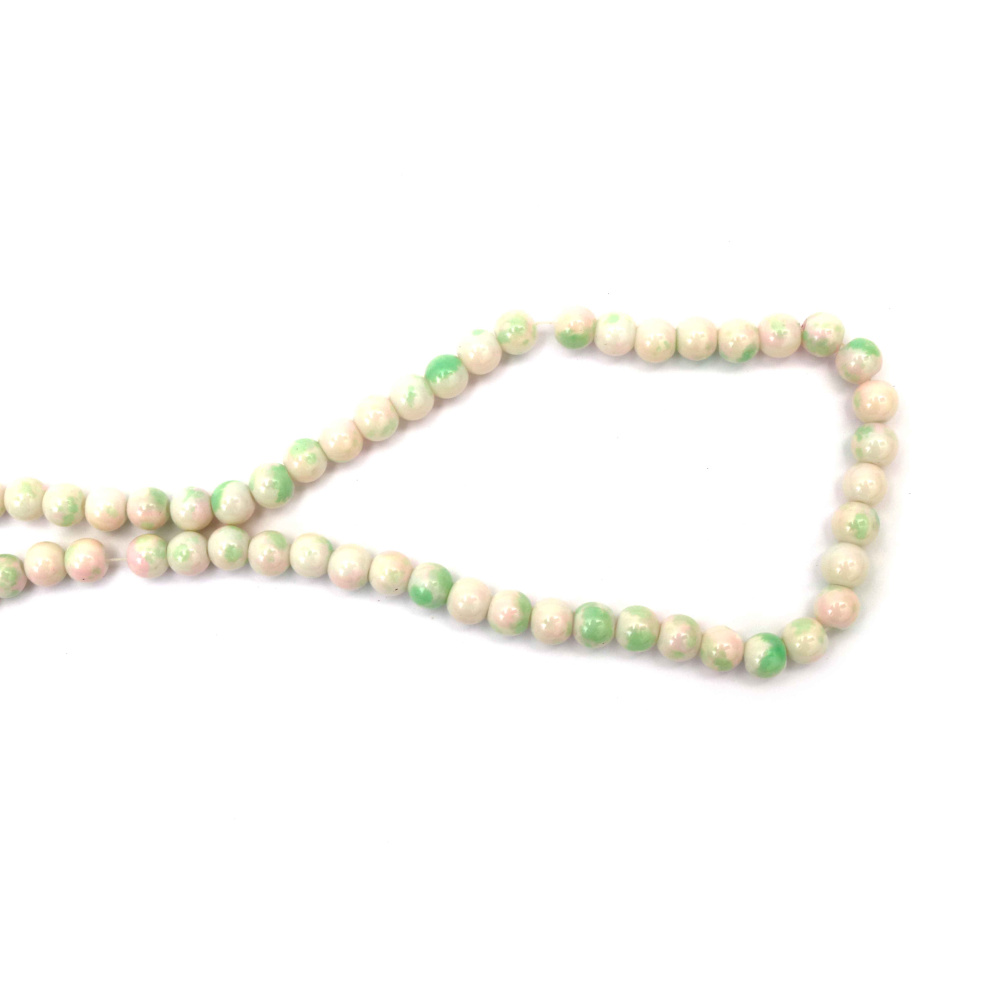 Наниз мъниста стъкло топче 8 мм дупка 1 мм напръскано цвят млечно бял розов и зелен ±105 броя