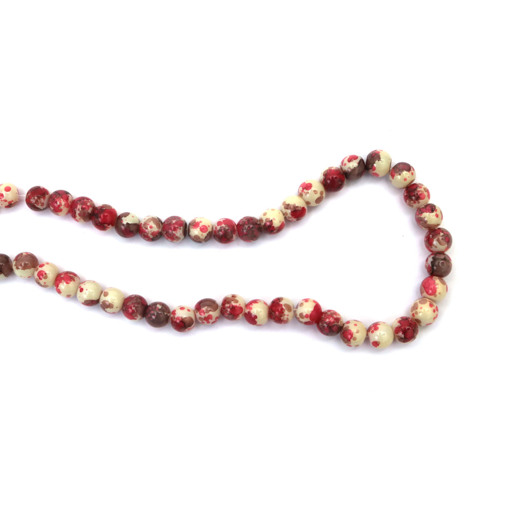 Artistic Sprayed Glass Beads 8 mm – White, Red & Brown, Hole 1 mm, Strand ~105 pcs – Perfect for Creating Warm Jewelry & Unique Handmade Designs