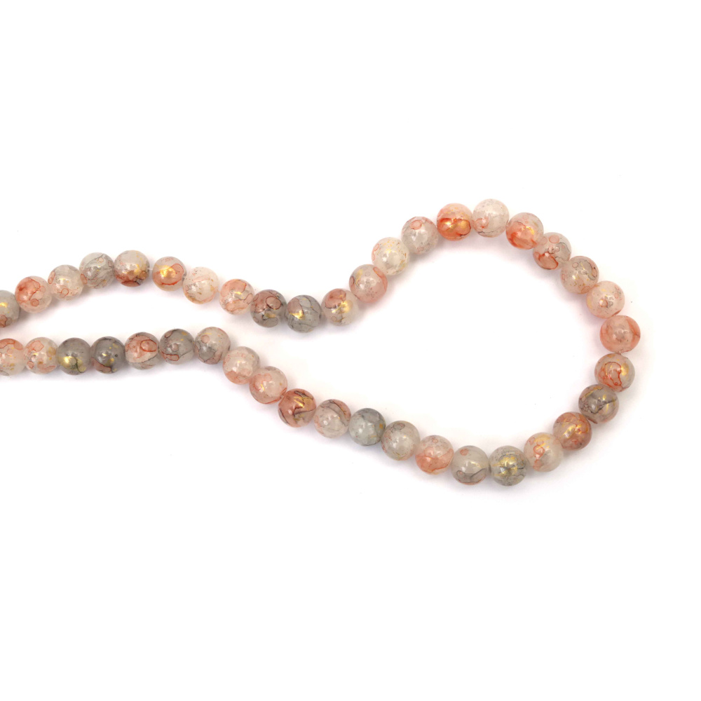 Mărgele din sticlă crackle pictate 10 mm, asortate alb, portocaliu și gri, cu accent auriu (culoare), gaură 1 mm, ~85 buc. – pentru bijuterii și craft