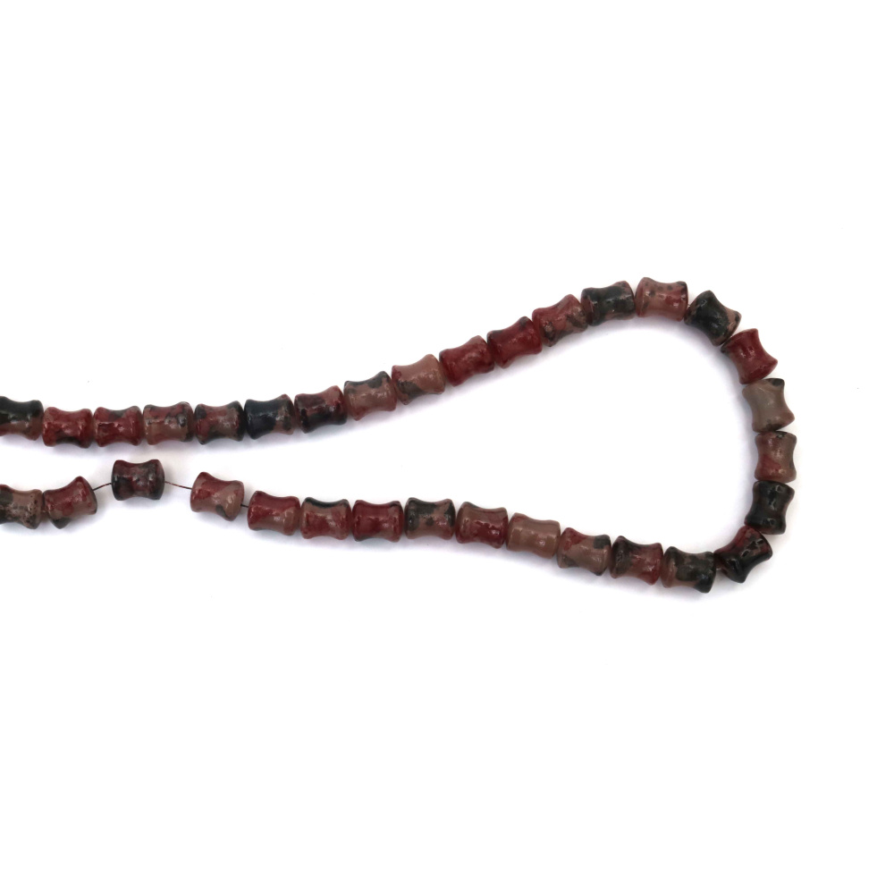 Наниз мъниста стъкло цилиндър 8x10 мм дупка 1 мм напръскано цвят бежов червен и черен ±72 броя