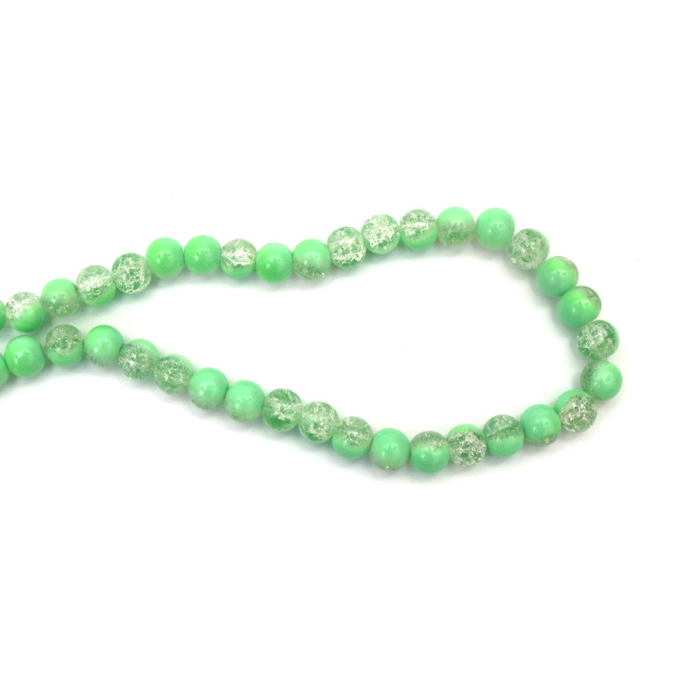 Fresh Crackle Glass Beads 10 mm – Transparent White with Green Paint, Hole 1 mm, Strand ~85 pcs – Perfect for Creating Nature-Inspired Jewelry