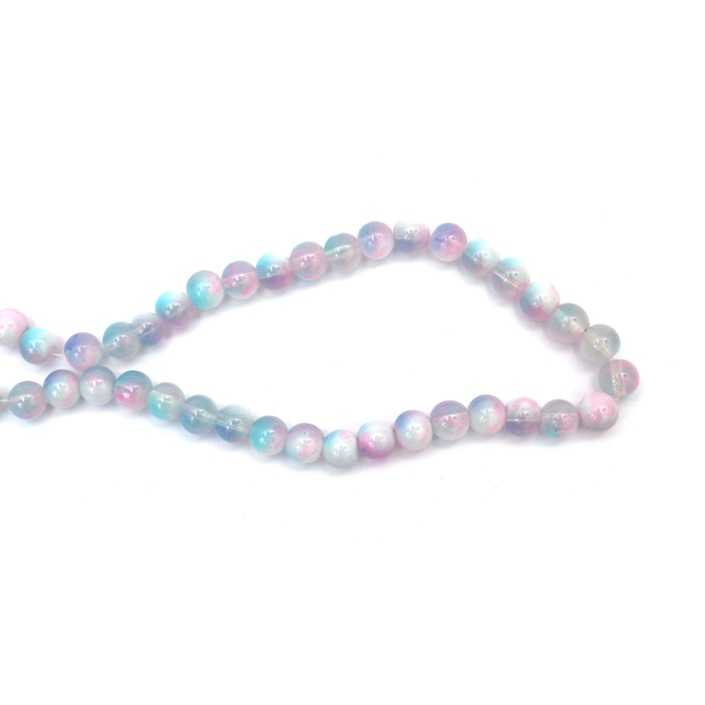 Delicate Painted Glass Beads 10 mm – Transparent White, Pink & Blue with White Paint, Hole 1 mm, Strand ~85 pcs – Perfect for Creating Soft, Romantic Jewelry