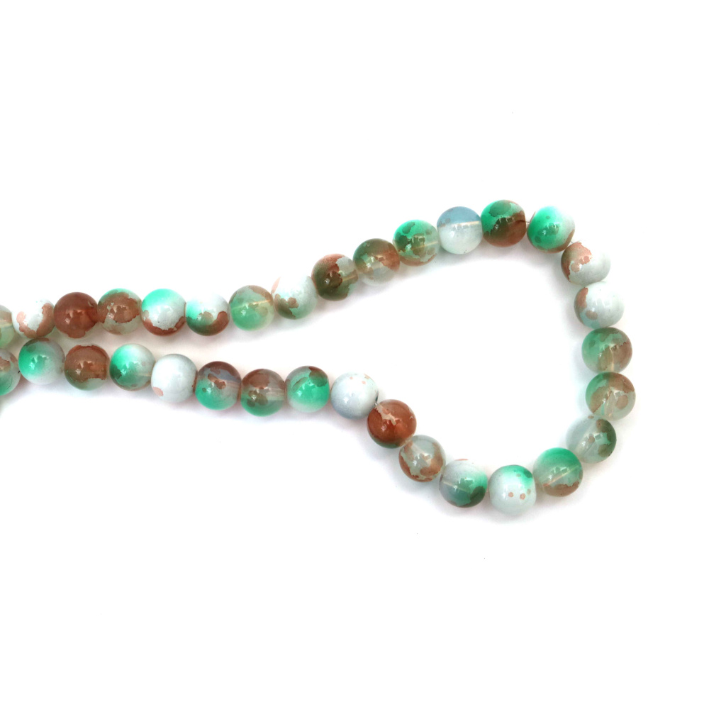 Artistic Painted Glass Beads 10 mm – Transparent White, Brown & Green with White Paint, Hole 1 mm, Strand ~85 pcs – Perfect for Creating Natural Jewelry