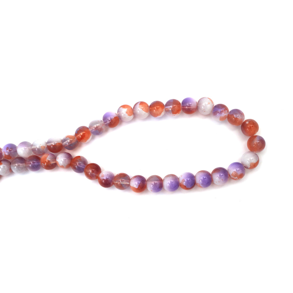 Glass Beads – 10 mm, Hole 1 mm, Transparent Painted White, Orange and Purple with White Paint, Strand ~85 pcs – Ideal for Jewelry Making, Beading & Craft Projects