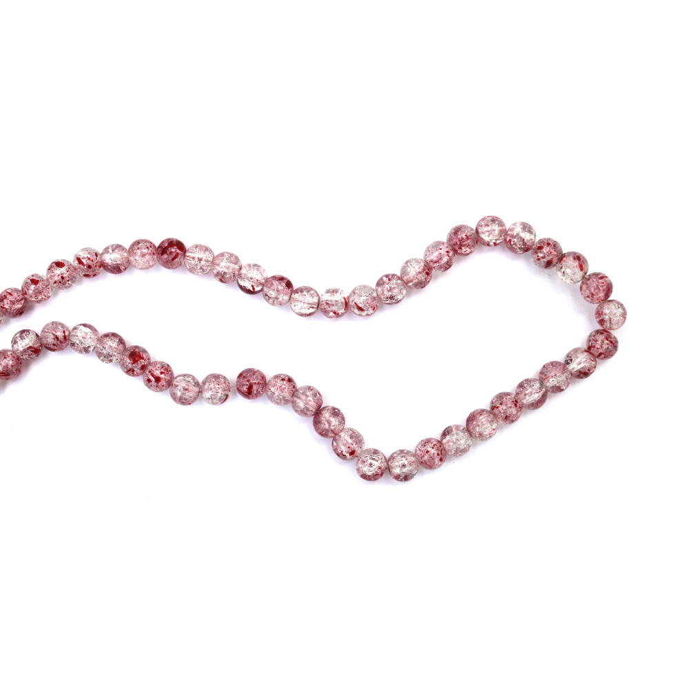 Наниз мъниста стъкло КРАКЪЛ топче 8 мм дупка 1 мм прозрачно цвят бял напръскано с червна боя ±105 броя