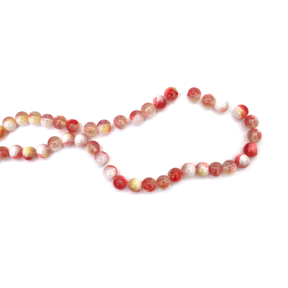 Painted Glass Beads 10 mm – Transparent White, Red & Yellow with White Paint, Hole 1 mm, Strand ~85 pcs – Perfect for Creating Colorful Jewelry & Artistic Handmade Designs