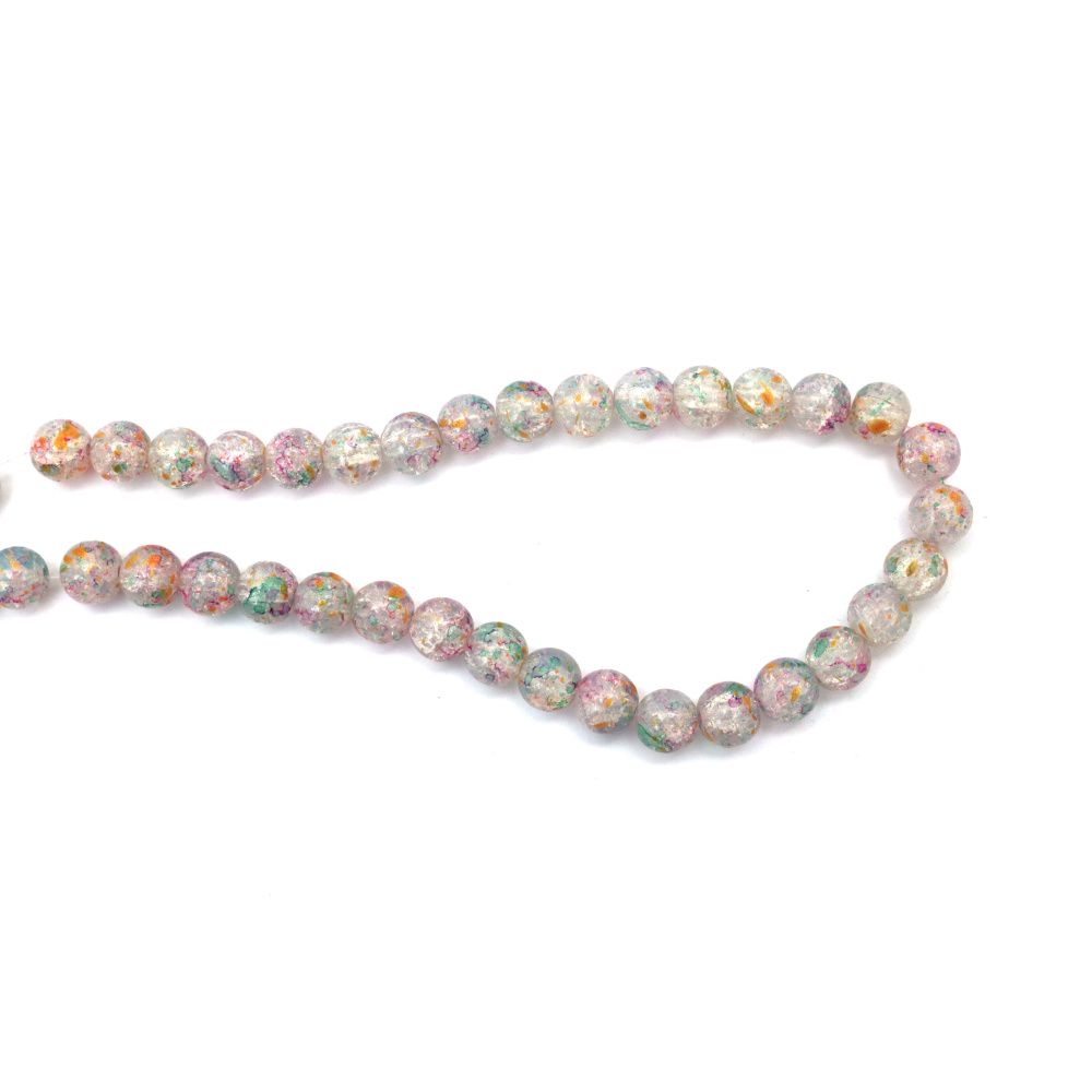 Mărgele din sticlă crackle pictate 10 mm, alb cu roz și verde, accente de culoare aurie, gaură 1 mm, ~80 buc – pentru bijuterii și hobby creativ