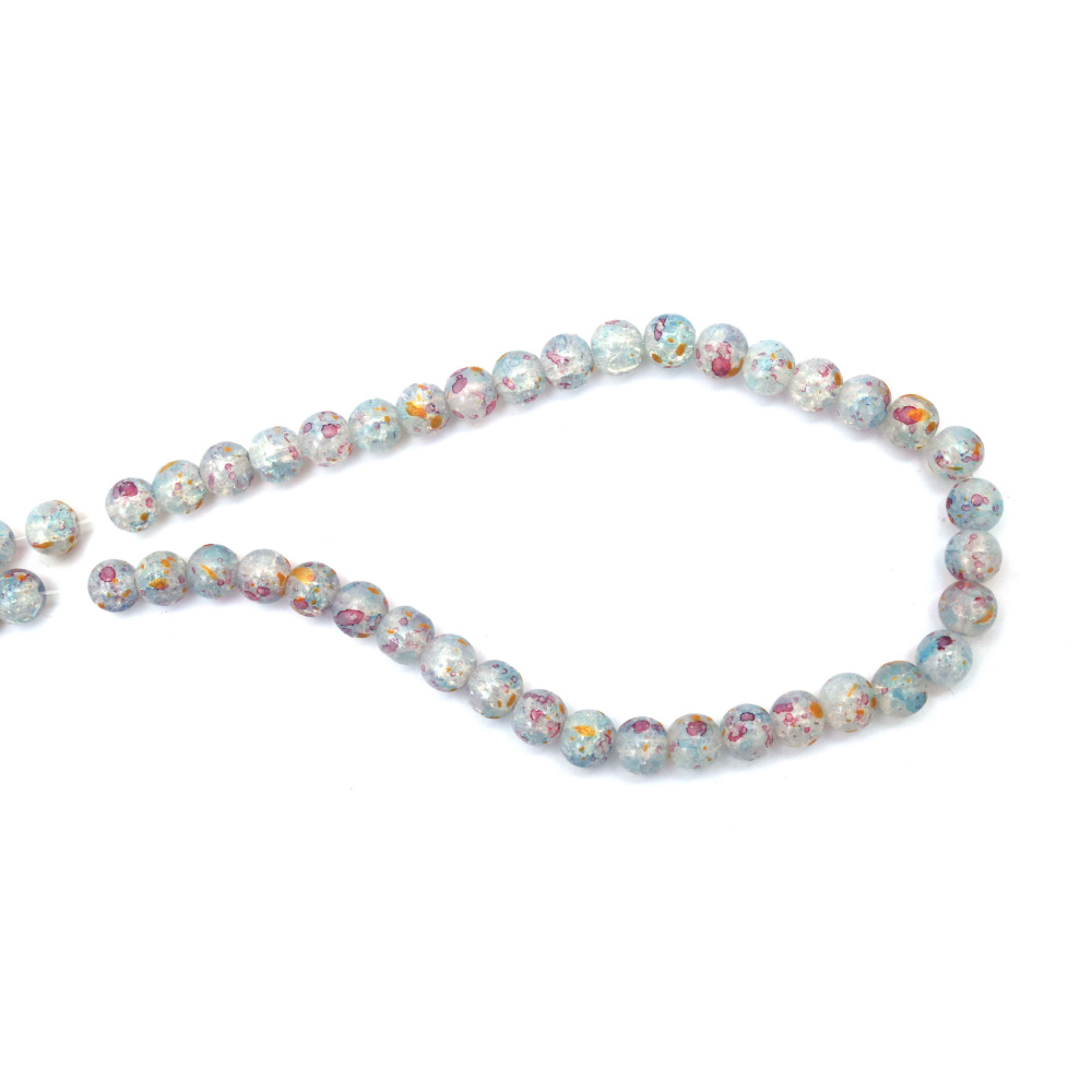 Painted Crackle Glass Beads 10 mm, White with Fuchsia & Blue and Gold Accent, Hole 1 mm, ~85 pcs – For Jewelry & Crafts