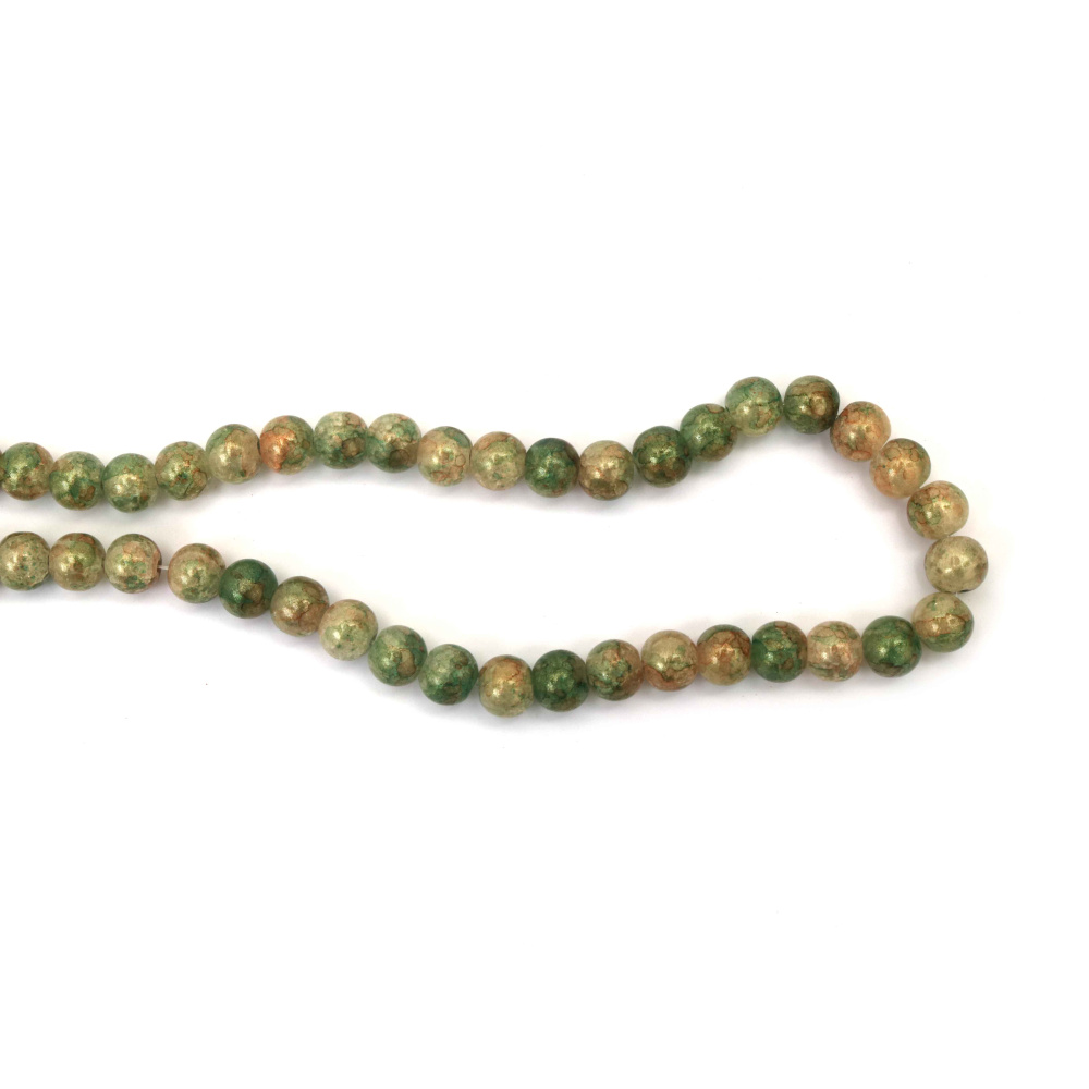 Наниз мъниста стъкло КРАКЪЛ топче 10 мм дупка 1 мм рисувано цвят зелен и кафяв със златно покритие ±85 броя