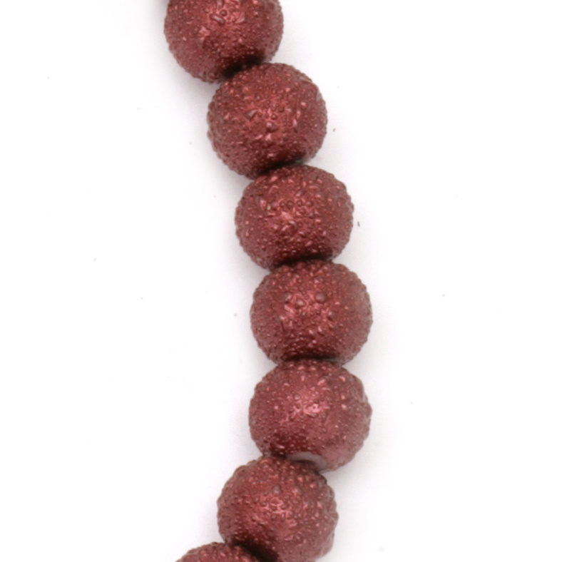 String Glass Round Beads with Embossed Pearl Coating, 8 ~ 8.5x7.5 ~ 8 mm, Hole: 1.5mm, Dark Red ~ 106 Pieces