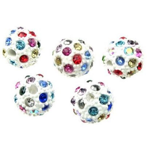Shambhala metal bead, ball shaped 12 mm hole 2.5 mm white with mixed colors crystals