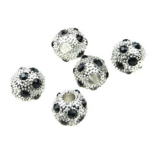 Margele Shambhala metal cu cristale 10 mm gaură 1,7 mm argintiu cu negru