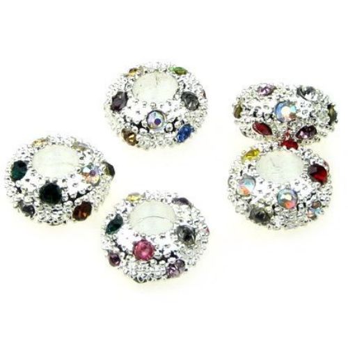 SHAMBALLA Metal Bead, Silver with Mixed Crystals, 11x6 mm, Hole: 5 mm
