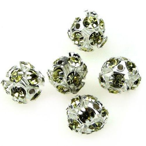 Metal shamballa bead with crystals, 10 mm, hole 1.5 mm, champagne