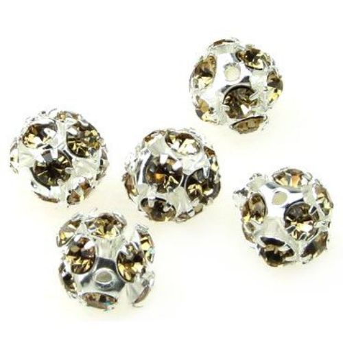SHAMBALLA Metal Bead with Rhinestones, 10 mm, Hole: 1.5 mm, Silver with Champagne