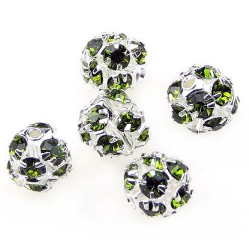 SHAMBALLA Metal Bead with Crystals for Craft Jewelry Making, 10 mm, Hole: 1.5 mm, Silver / Green